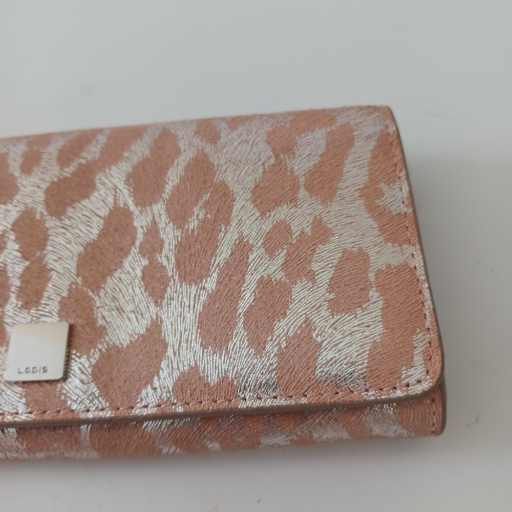 Lodis Metallic Animal Leopard Print Wallet Clutch Peach Pink Silver‎ Bi-Fold - Picture 9 of 10